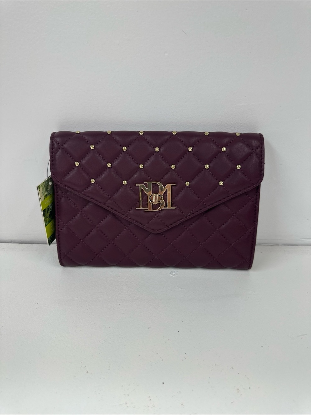 Badgley Mischka Quilted Burgundy Shoulder Bag Studded Gold Detachable Strap NWT